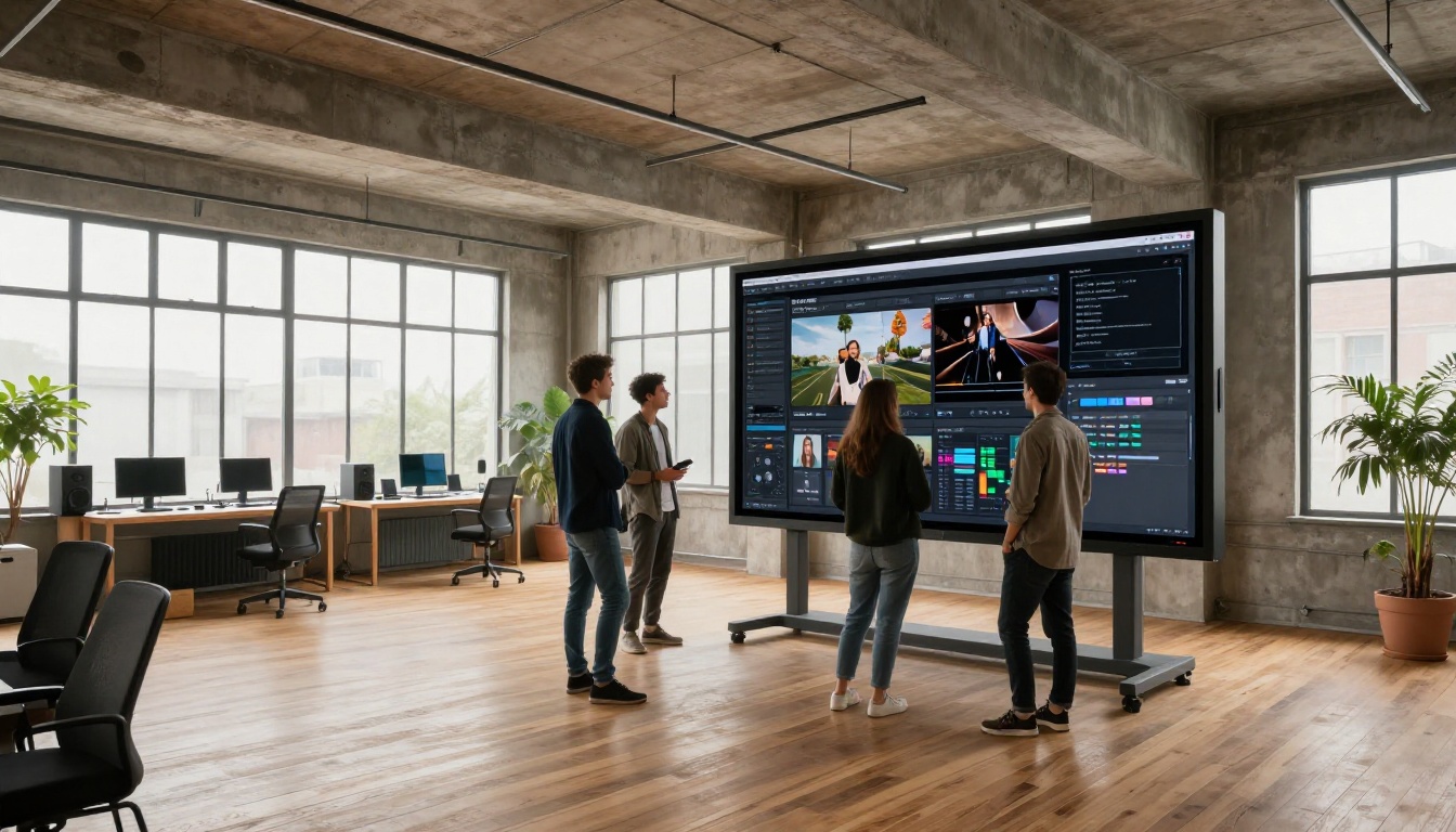 Wide angle shot of a modern creative studio with a team of video producers gathered around a large touchscreen table