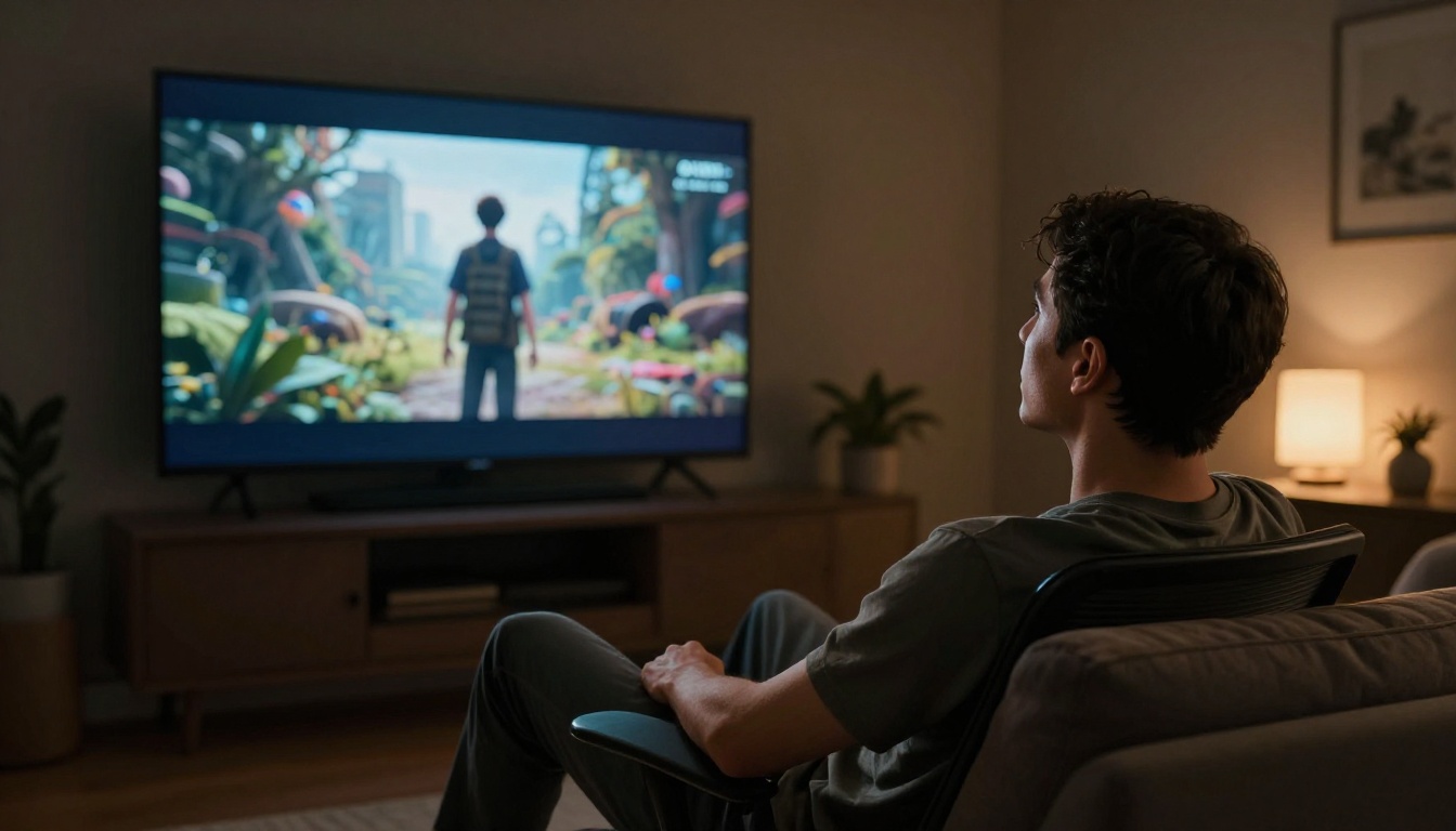 A person leaning back watching a breathtaking AI-generated video on a large OLED screen in a dark living room
