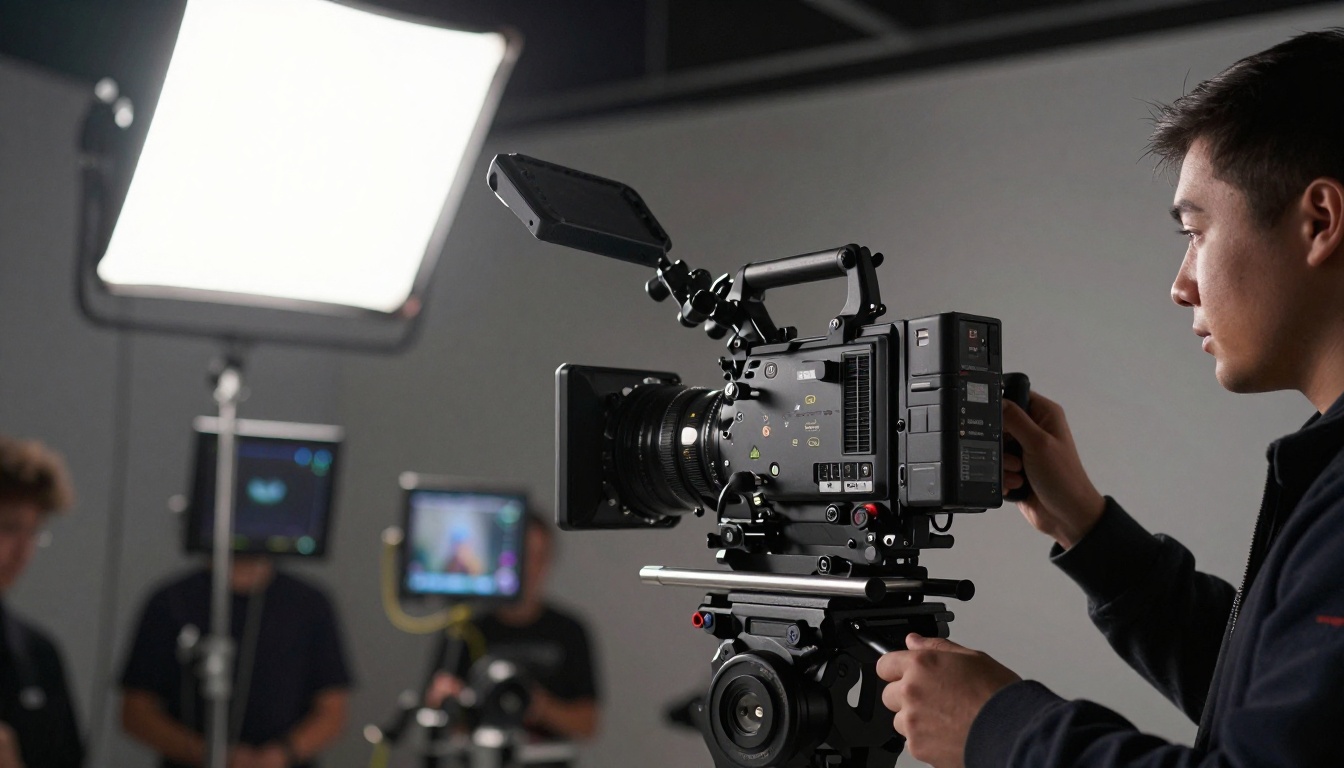 Cinematic low angle shot looking up at a professional camera rig on a film set with studio lighting