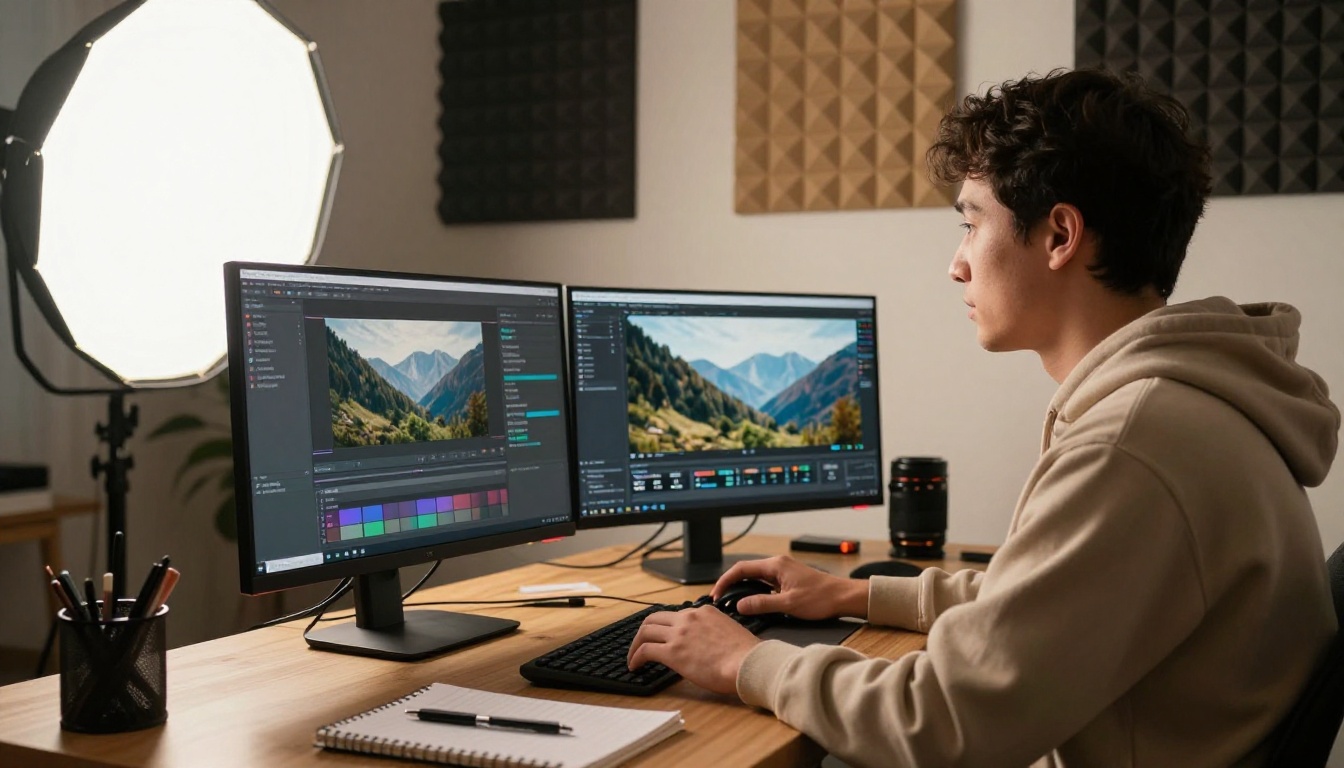 Content creator at a home studio desk with dual monitors showing a video generation interface