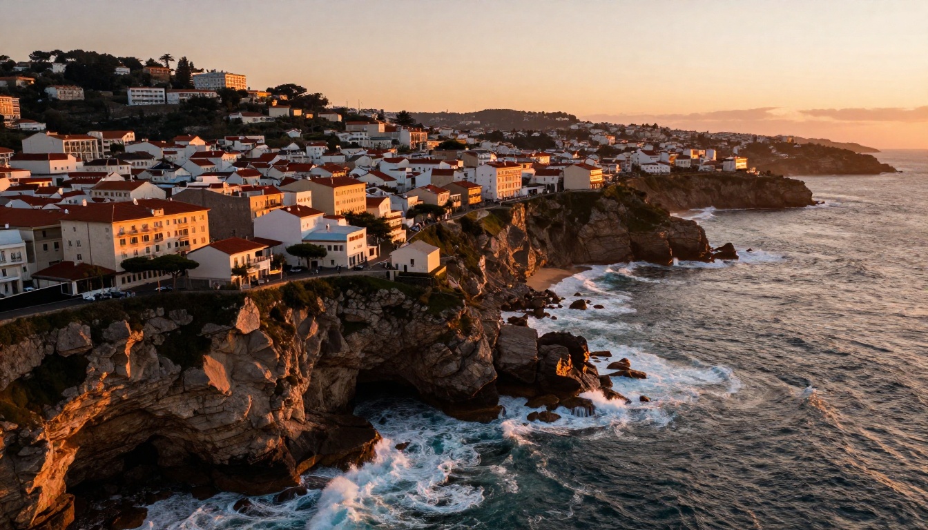 Aerial drone shot of a coastal city at sunset with waves crashing against rocky cliffs and warm golden light