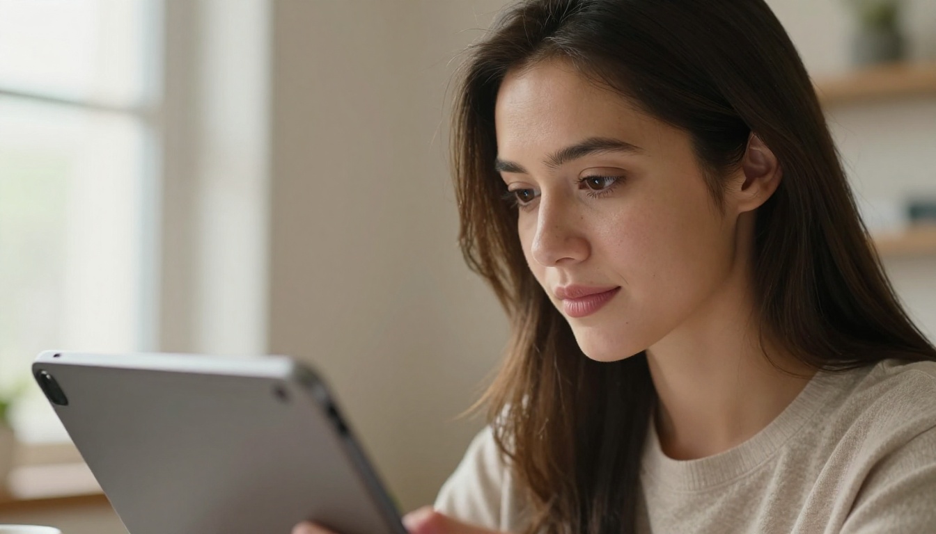 Close-up portrait of a woman filmmaker reviewing video footage on a tablet in a bright modern office