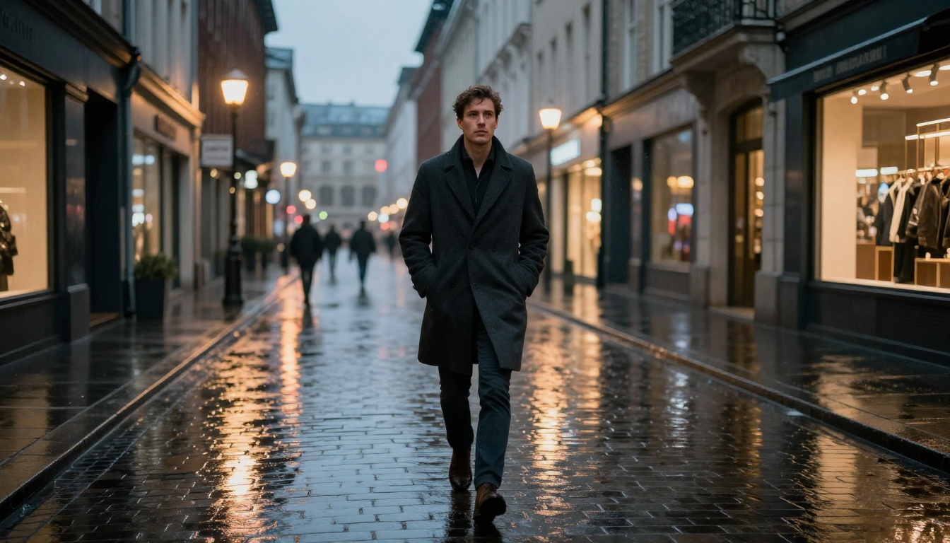 Urban street photography with blue hour lighting, wet cobblestones, and cinematic perspective from a low angle Urban street photography with blue hour lighting, wet cobblestones, and cinematic perspective from a low angle