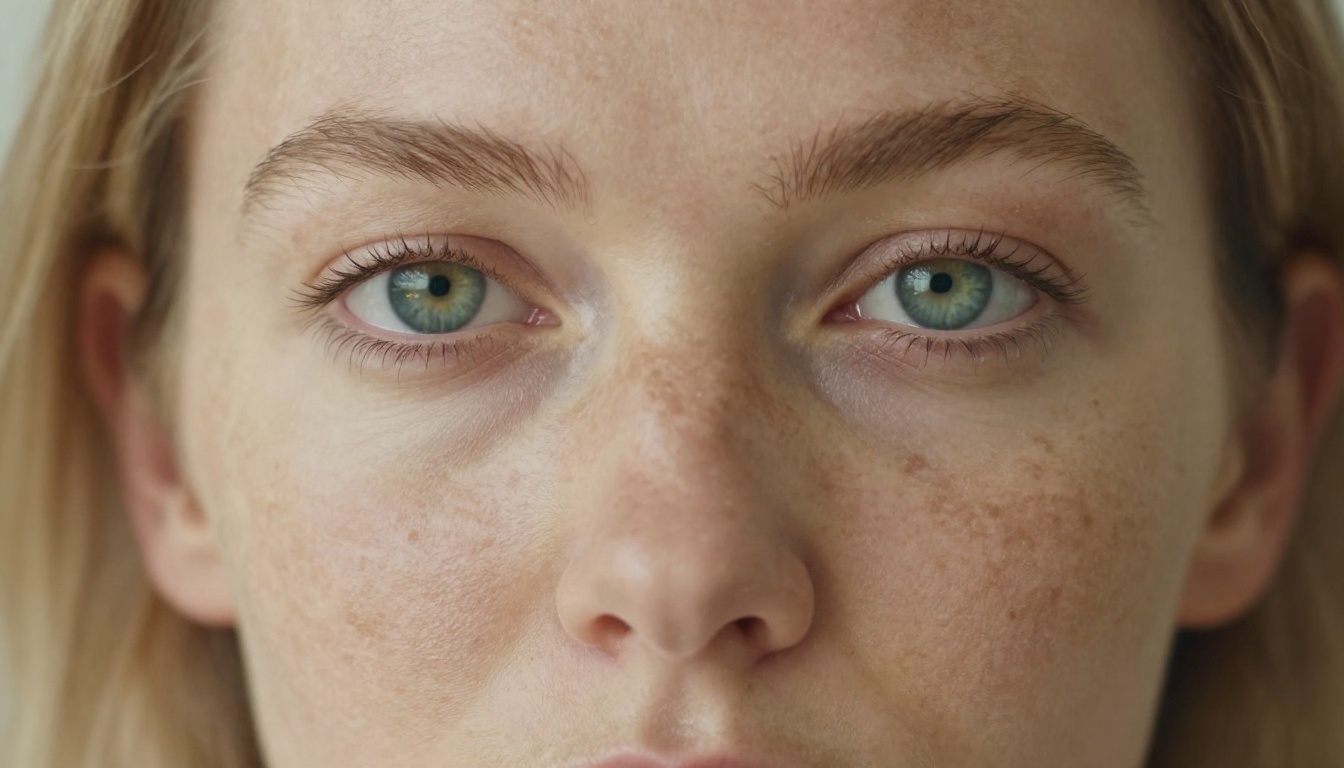 Extreme close-up portrait revealing individual freckles, eyelashes, and natural skin texture in photorealistic detail