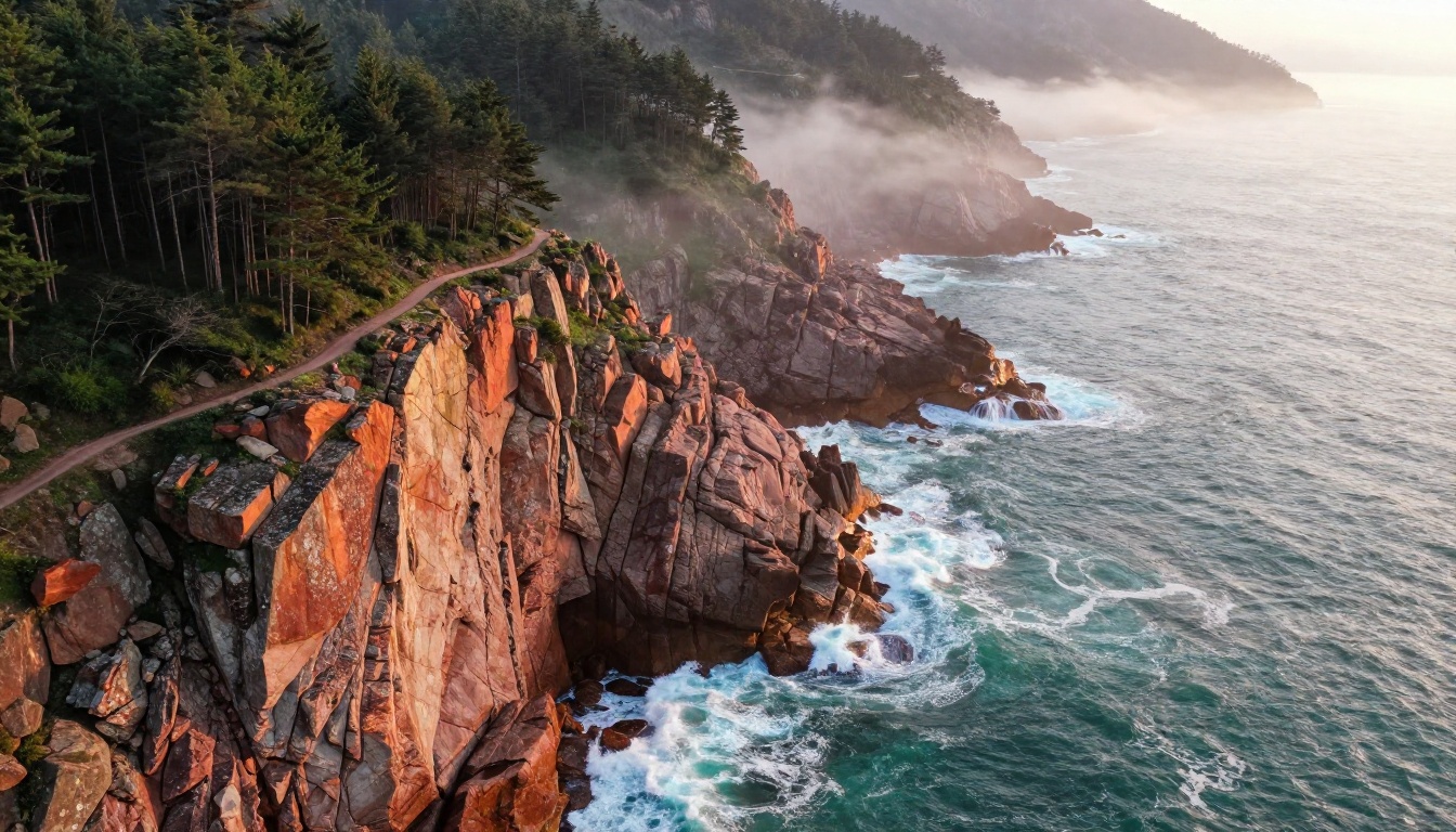 Aerial drone photograph of coastal cliffs at sunrise with turquoise ocean waves and dramatic lighting