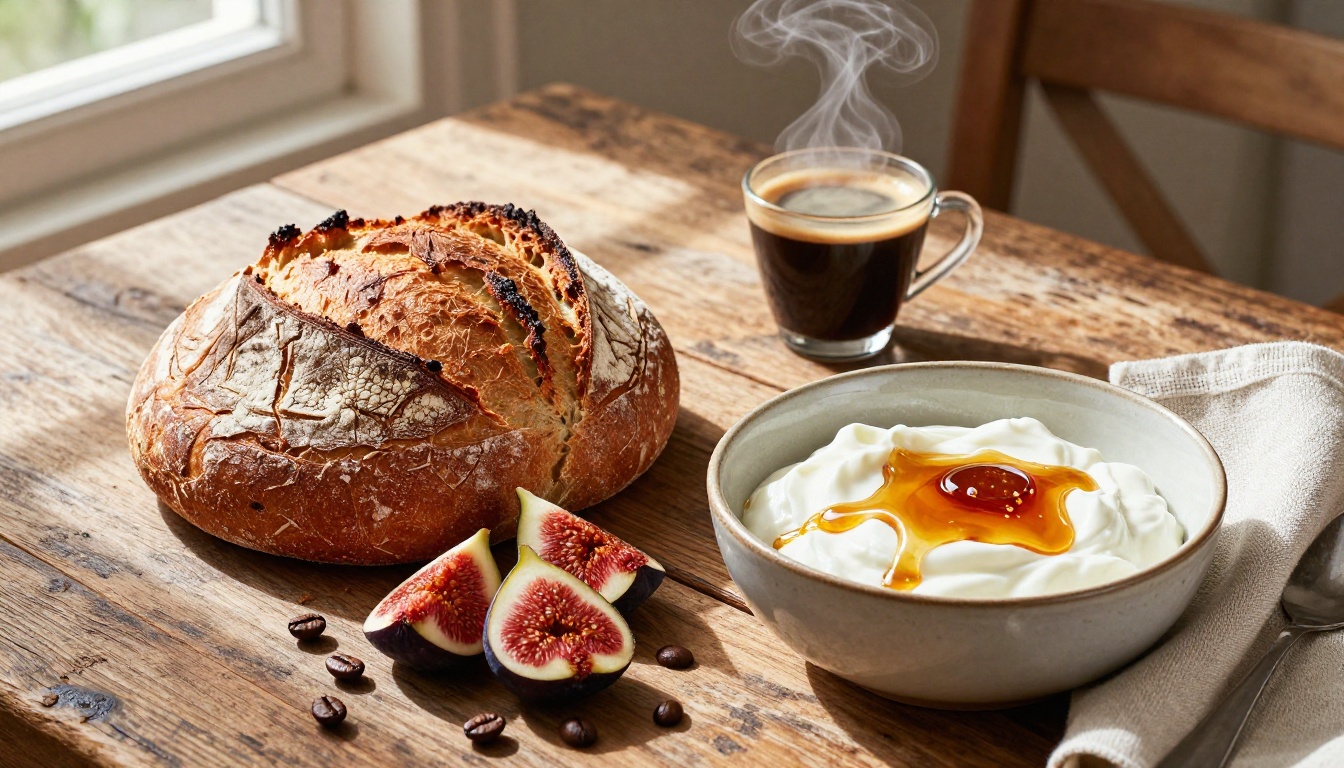 Overhead flat-lay food photography with artisan sourdough bread, honey, figs, and espresso on aged oak table Overhead flat-lay food photography with artisan sourdough bread, honey, figs, and espresso on aged oak table