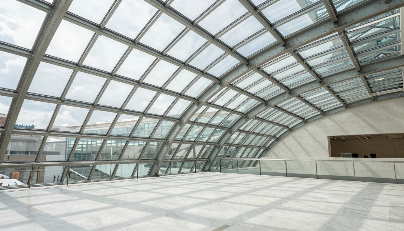 Interior upward view of modern art museum glass atrium with geometric steel frame and natural daylight