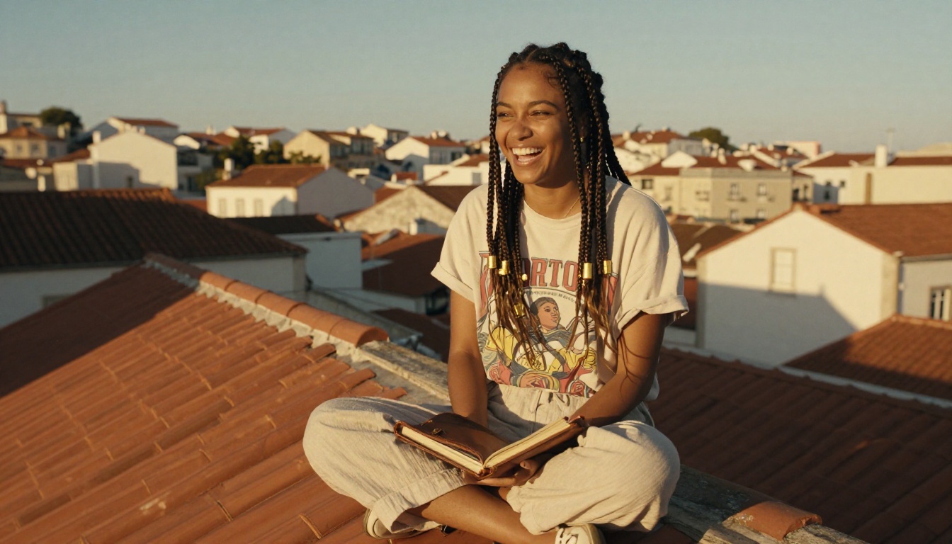 Candid documentary portrait of a woman on a Lisbon rooftop terrace at golden hour with warm natural light Candid documentary portrait of a woman on a Lisbon rooftop terrace at golden hour with warm natural light