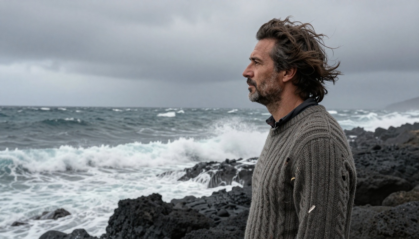 Environmental portrait of a man in a wool fisherman sweater against a dramatic stormy seascape coastline Environmental portrait of a man in a wool fisherman sweater against a dramatic stormy seascape coastline