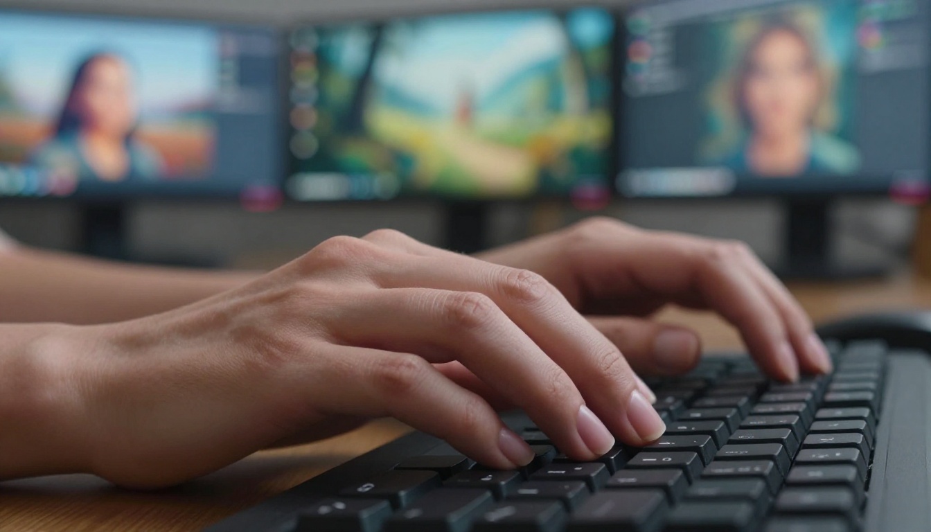 Extreme close-up of hands typing on a mechanical keyboard with AI portrait bokeh in background