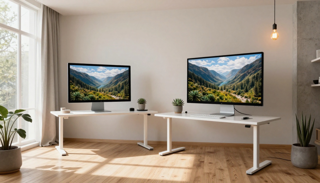 Bright contemporary creative studio with dual monitors displaying AI-generated landscapes