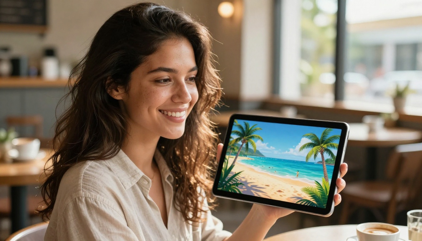 Smiling young woman holding tablet displaying a vibrant AI-generated tropical beach scene