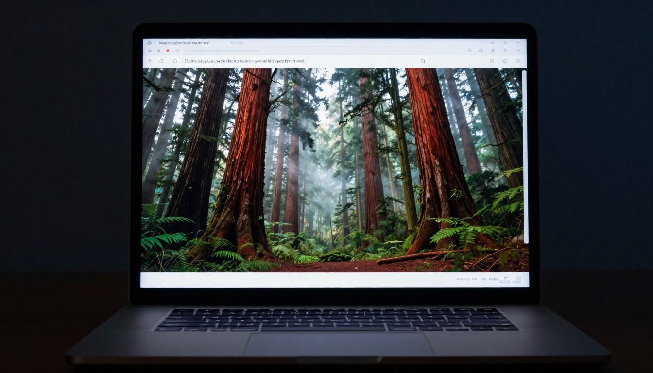 Low-angle laptop screen displaying a prompt input with a stunning AI-generated forest result