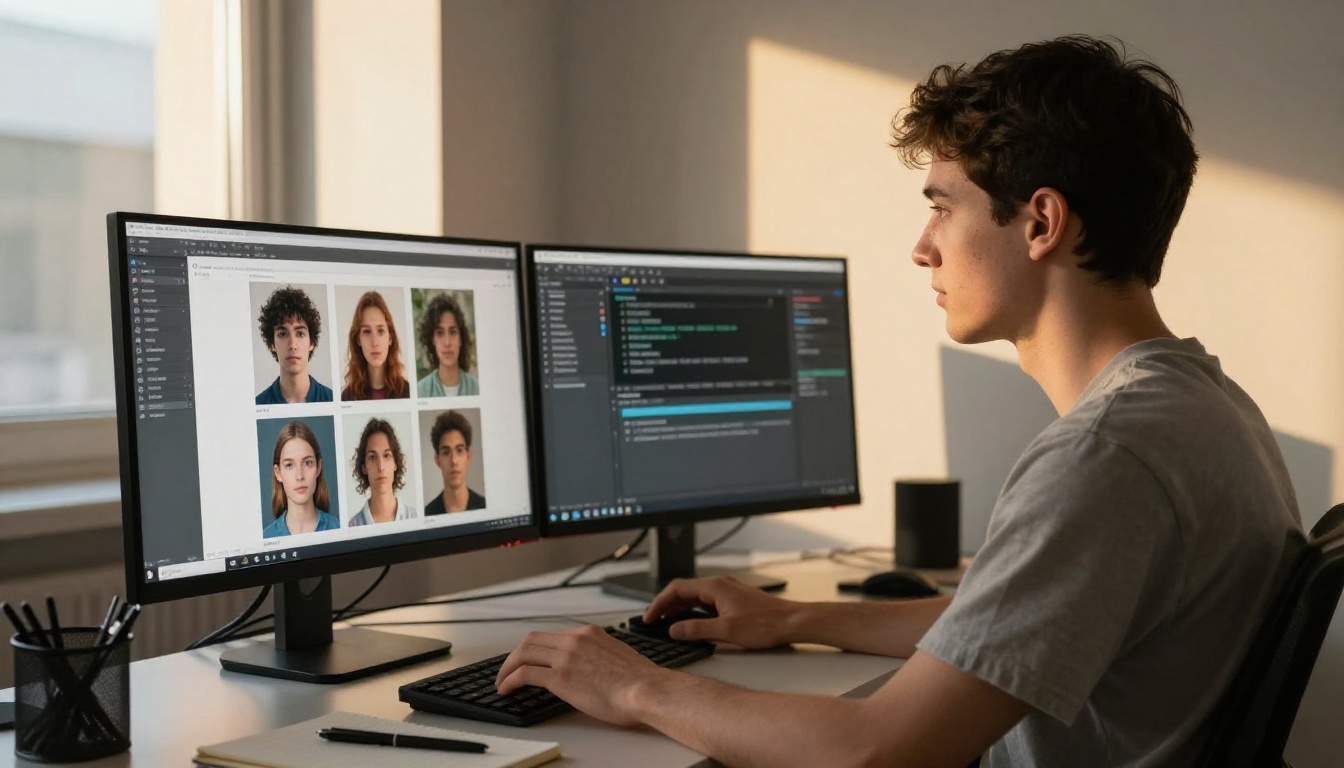 Side profile of young man at dual-monitor workstation with AI image generation interface