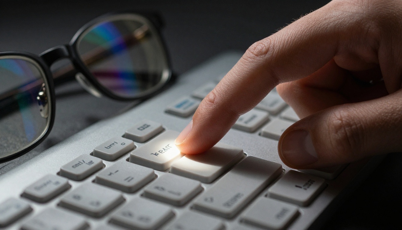 Macro close-up of index finger on Enter key with colorful AI artwork reflected in glasses lenses Macro close-up of index finger on Enter key with colorful AI artwork reflected in glasses lenses