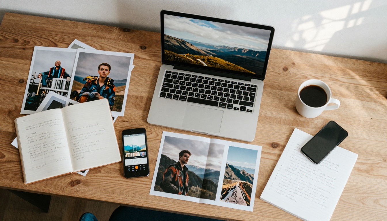 Aerial overhead flat-lay of wooden desk with AI-generated prints, coffee, and handwritten notes Aerial overhead flat-lay of wooden desk with AI-generated prints, coffee, and handwritten notes