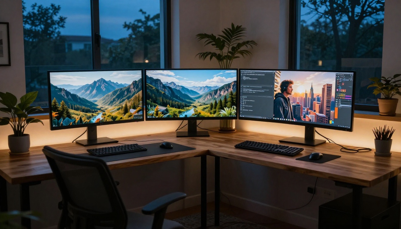 Modern home office at dusk with three monitors showing different AI-generated photorealistic images Modern home office at dusk with three monitors showing different AI-generated photorealistic images