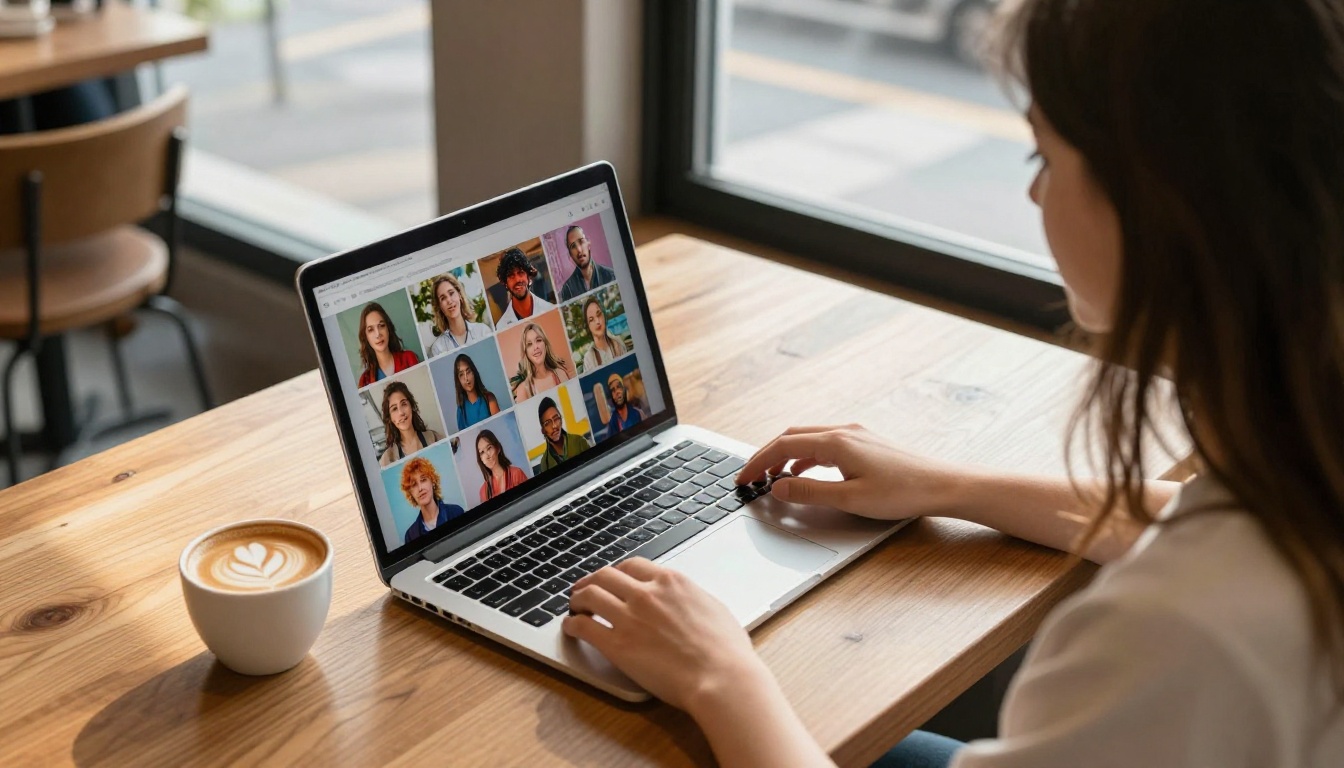 Overhead coffee shop scene with laptop displaying a grid of colorful AI-generated images Overhead coffee shop scene with laptop displaying a grid of colorful AI-generated images