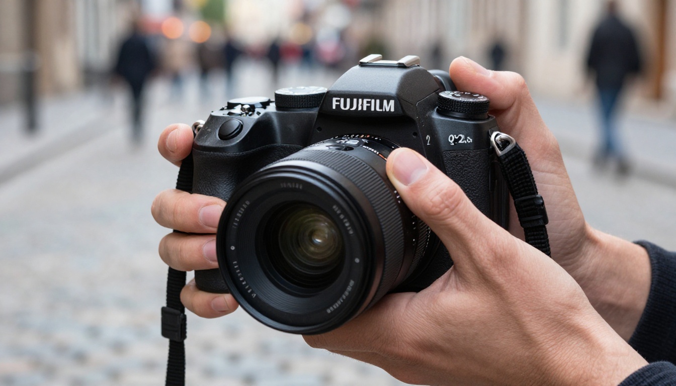 Photographer capturing documentary street scene with professional camera, bokeh cobblestone background, natural overcast light