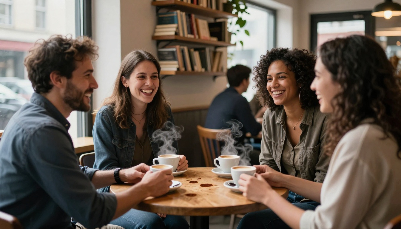 Candid documentary photograph of diverse friends at a cafe with natural window light, steam, coffee cups