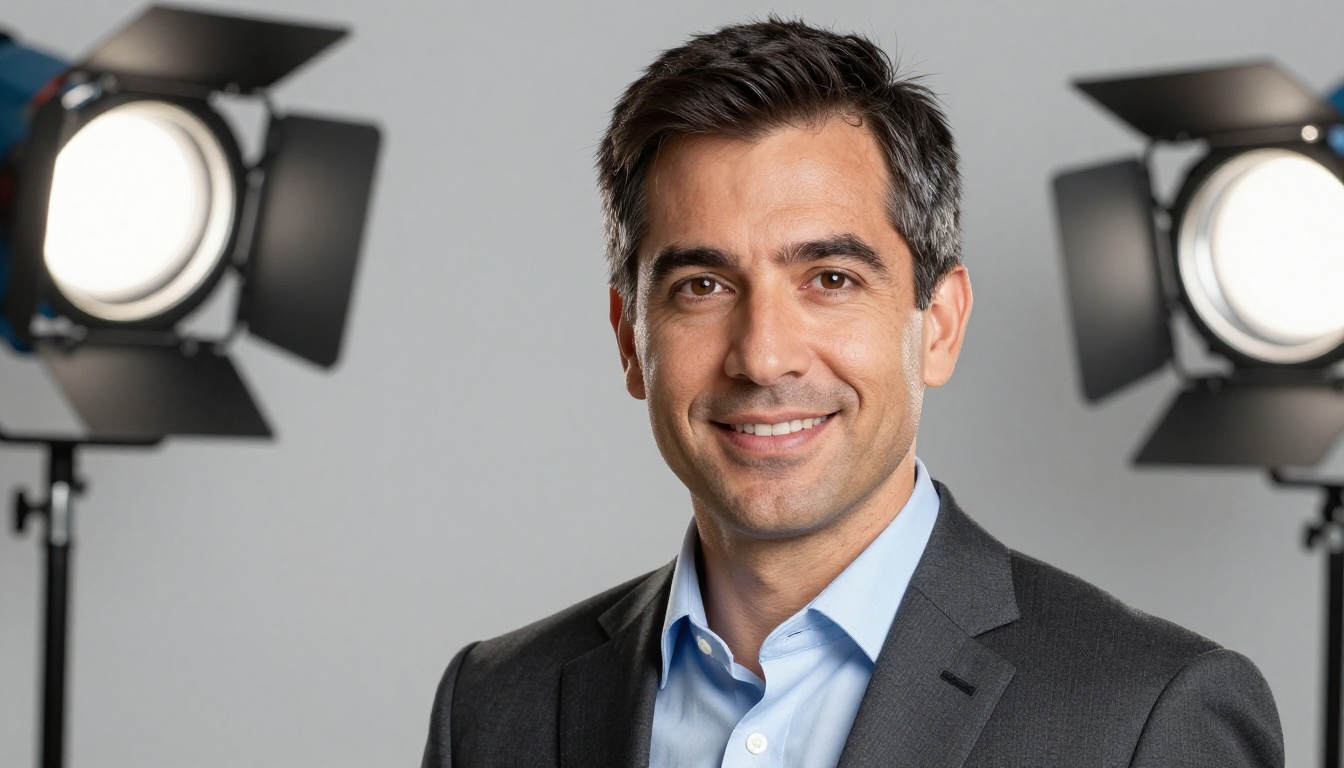 Professional corporate headshot with studio Profoto lighting, charcoal suit, clean gray backdrop, sharp catchlights