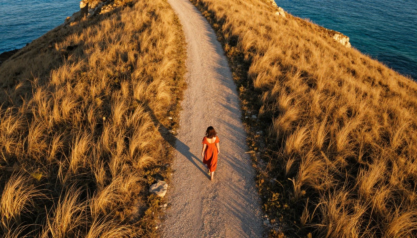 Aerial drone photograph of woman in orange dress on coastal path, golden hour shadows, ocean in background