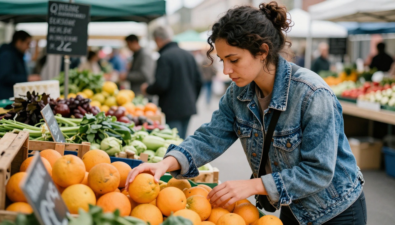 Candid woman at farmers market reaching for oranges, documentary style, Fujifilm Classic Chrome, natural light Candid woman at farmers market reaching for oranges, documentary style, Fujifilm Classic Chrome, natural light