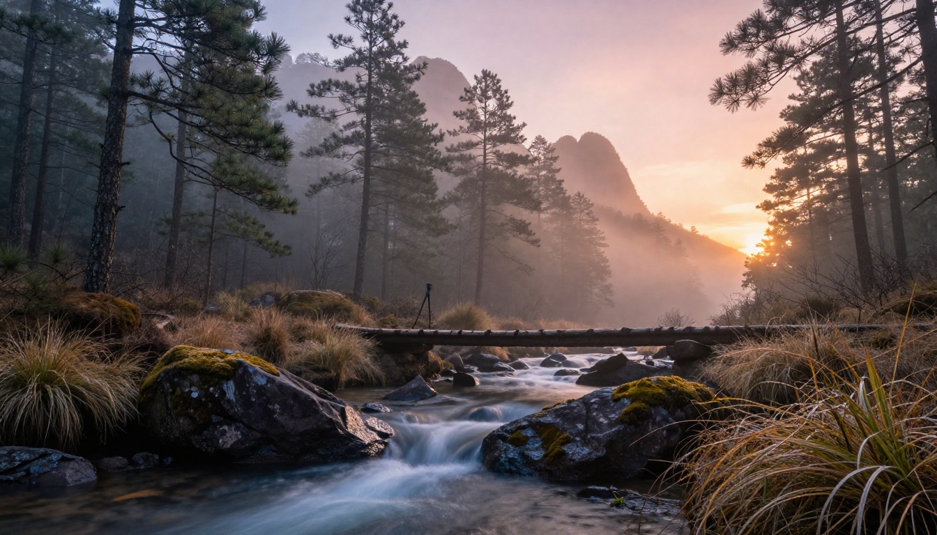 Misty mountain dawn landscape with atmospheric depth, pine forest layers, wooden footbridge, god rays, mist Misty mountain dawn landscape with atmospheric depth, pine forest layers, wooden footbridge, god rays, mist