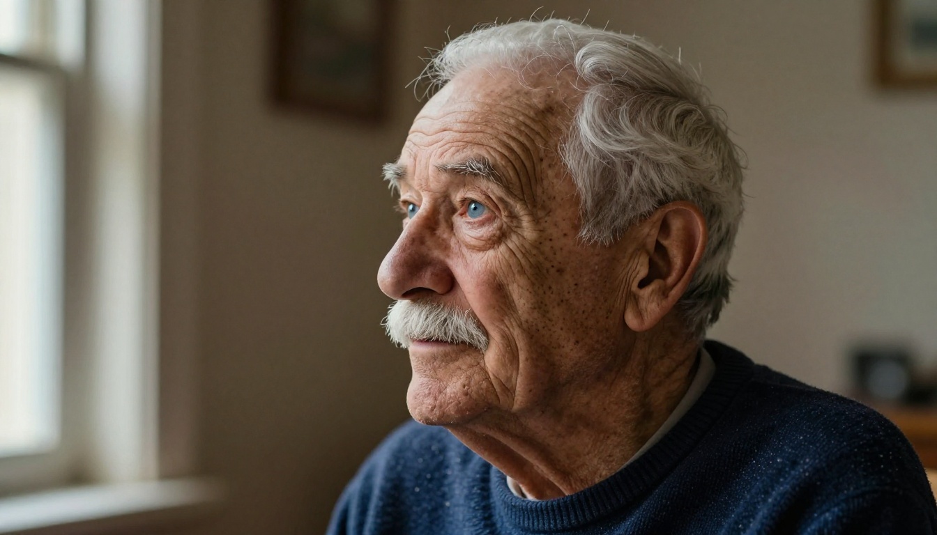 Side profile portrait of elderly man with deep skin texture, age lines, white mustache, warm window light from left Side profile portrait of elderly man with deep skin texture, age lines, white mustache, warm window light from left