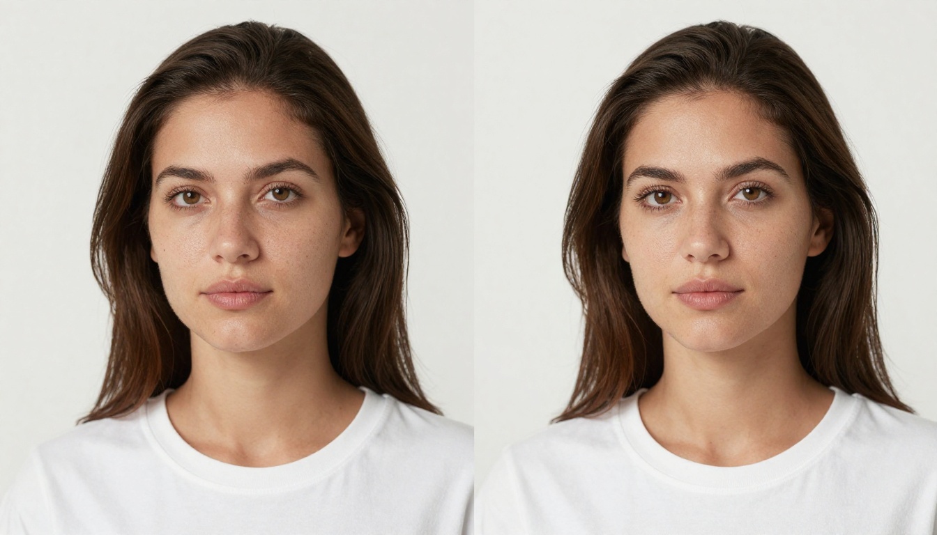 Before-after AI upscaling comparison showing low-resolution portrait left versus 8K upscaled portrait right with skin pore detail Before-after AI upscaling comparison showing low-resolution portrait left versus 8K upscaled portrait right with skin pore detail