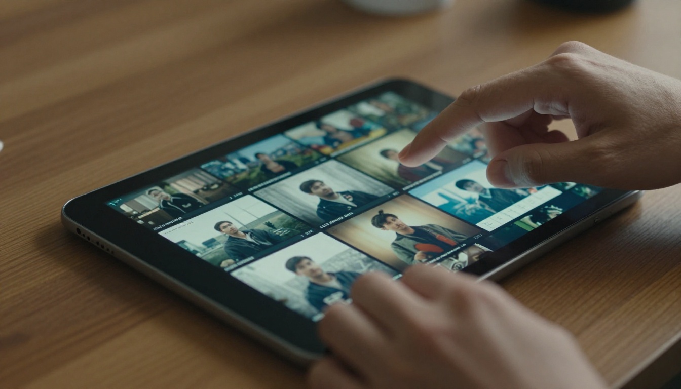 Close-up of hands scrolling AI video thumbnails on a tablet Close-up of hands scrolling AI video thumbnails on a tablet