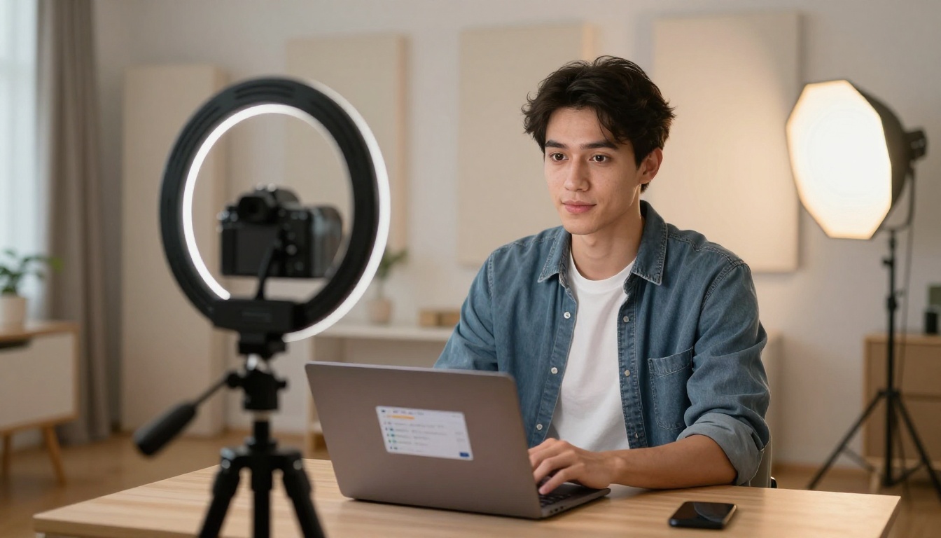 Young man recording content in a home studio with ring light Young man recording content in a home studio with ring light