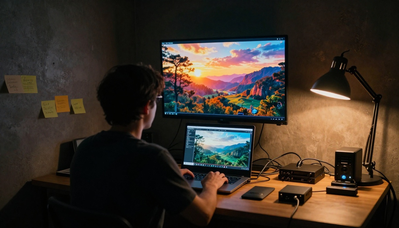 Person working alone in a dimly lit studio reviewing video footage Person working alone in a dimly lit studio reviewing video footage