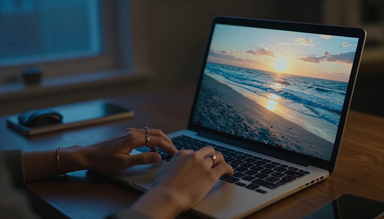 Woman typing while a seascape video plays on her laptop screen Woman typing while a seascape video plays on her laptop screen