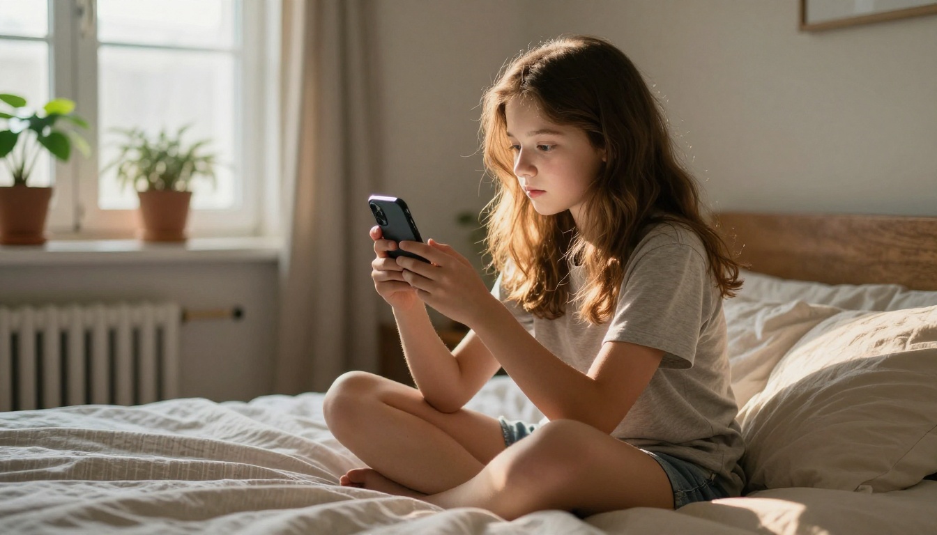 Young woman watching AI video on phone in a cozy bedroom Young woman watching AI video on phone in a cozy bedroom