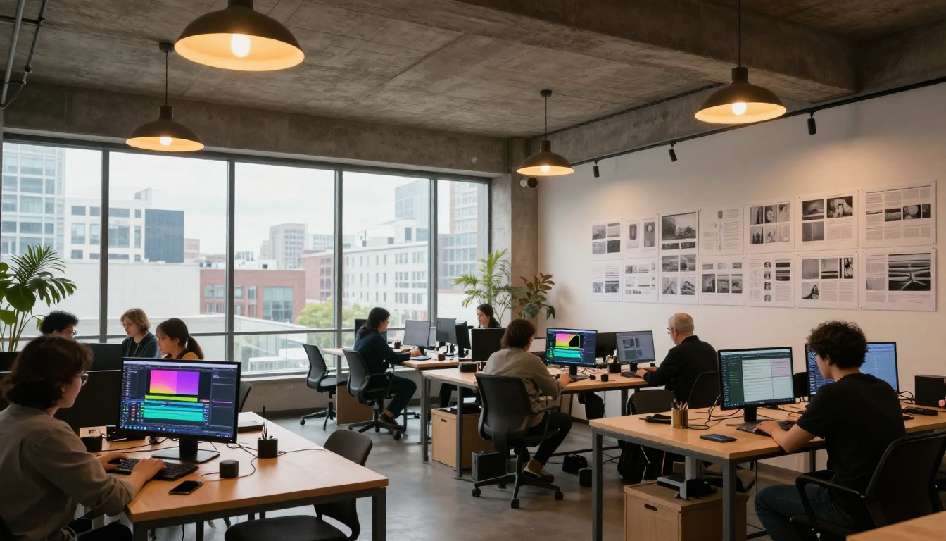 Co-working space with storyboard panels and multiple people at desks Co-working space with storyboard panels and multiple people at desks