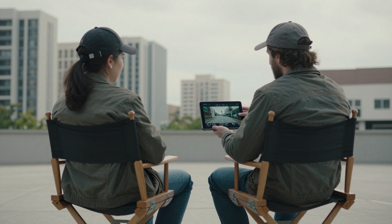 Film director reviewing AI-generated footage on tablet outdoors in urban setting Film director reviewing AI-generated footage on tablet outdoors in urban setting