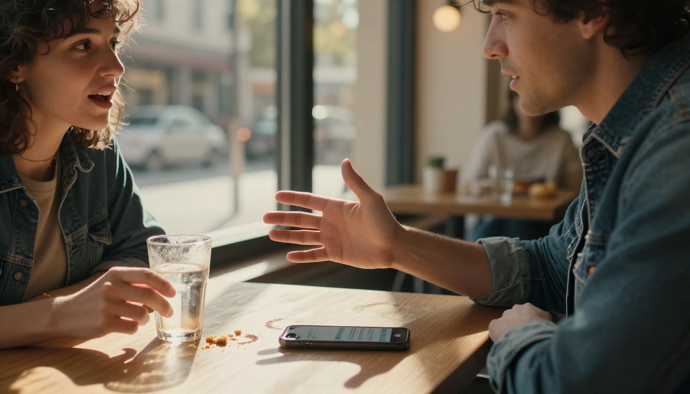 Two people having a natural conversation at a cafe table, smartphone showing a chat interface on the table between them