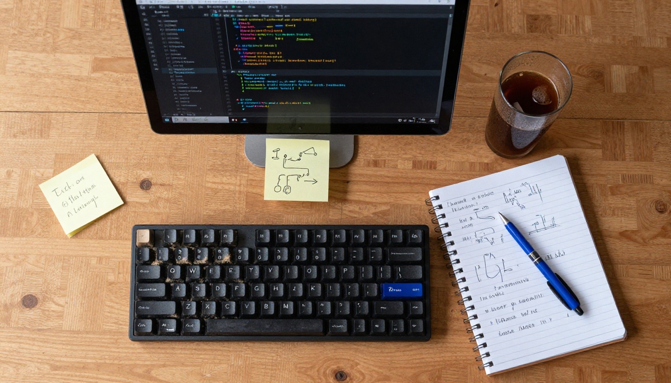 Developer workspace overhead view with keyboard, laptop showing code, handwritten notebook, and coffee