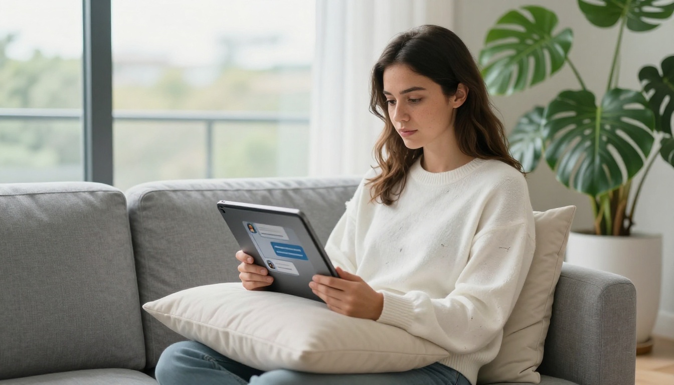 Young woman sitting cross-legged on sofa, holding tablet with AI chat interface, afternoon light from window