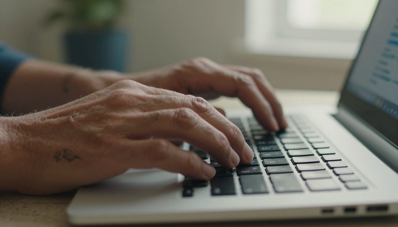 Weathered hands typing on a mechanical keyboard, natural window light, shallow depth of field showing faint screen text