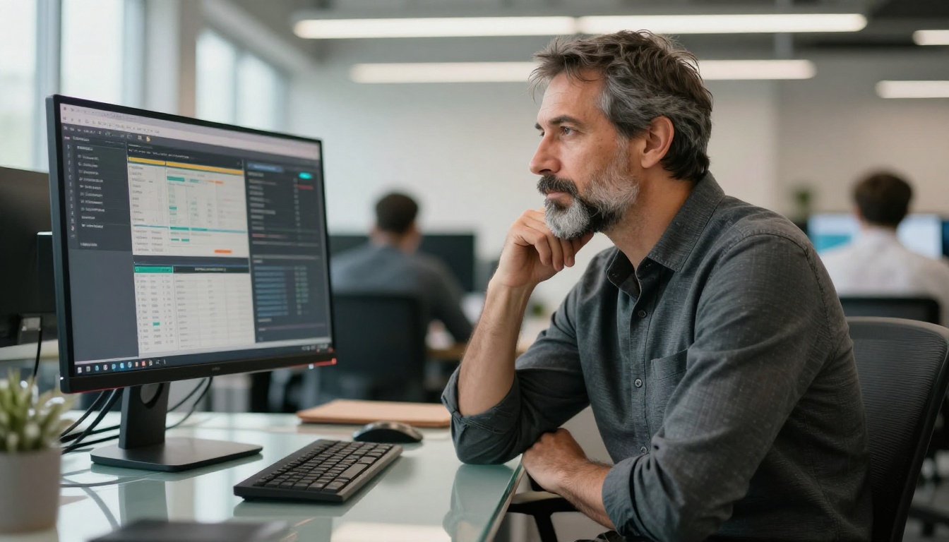 Professional man with beard at standing desk in open office, thoughtful pose, monitor with dashboards blurred in background