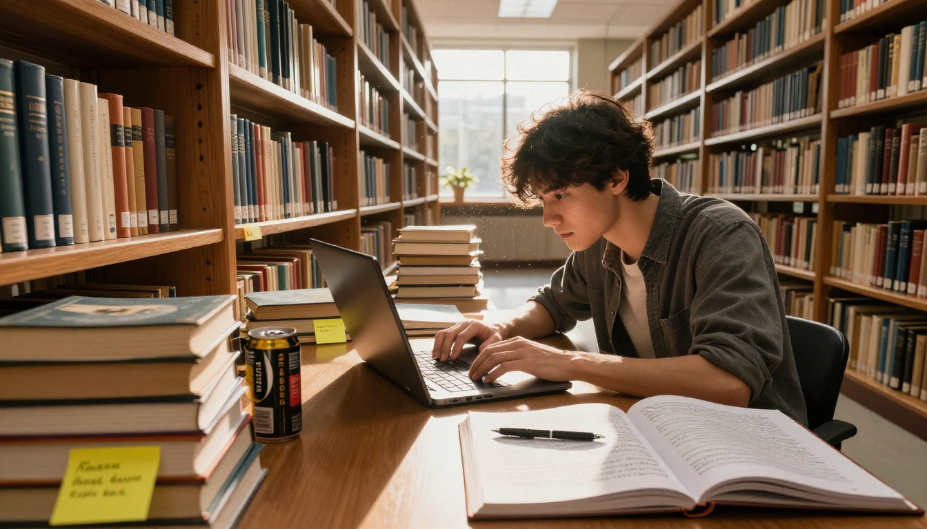 Student in university library surrounded by textbooks and laptop, golden afternoon light streaming through tall windows Student in university library surrounded by textbooks and laptop, golden afternoon light streaming through tall windows