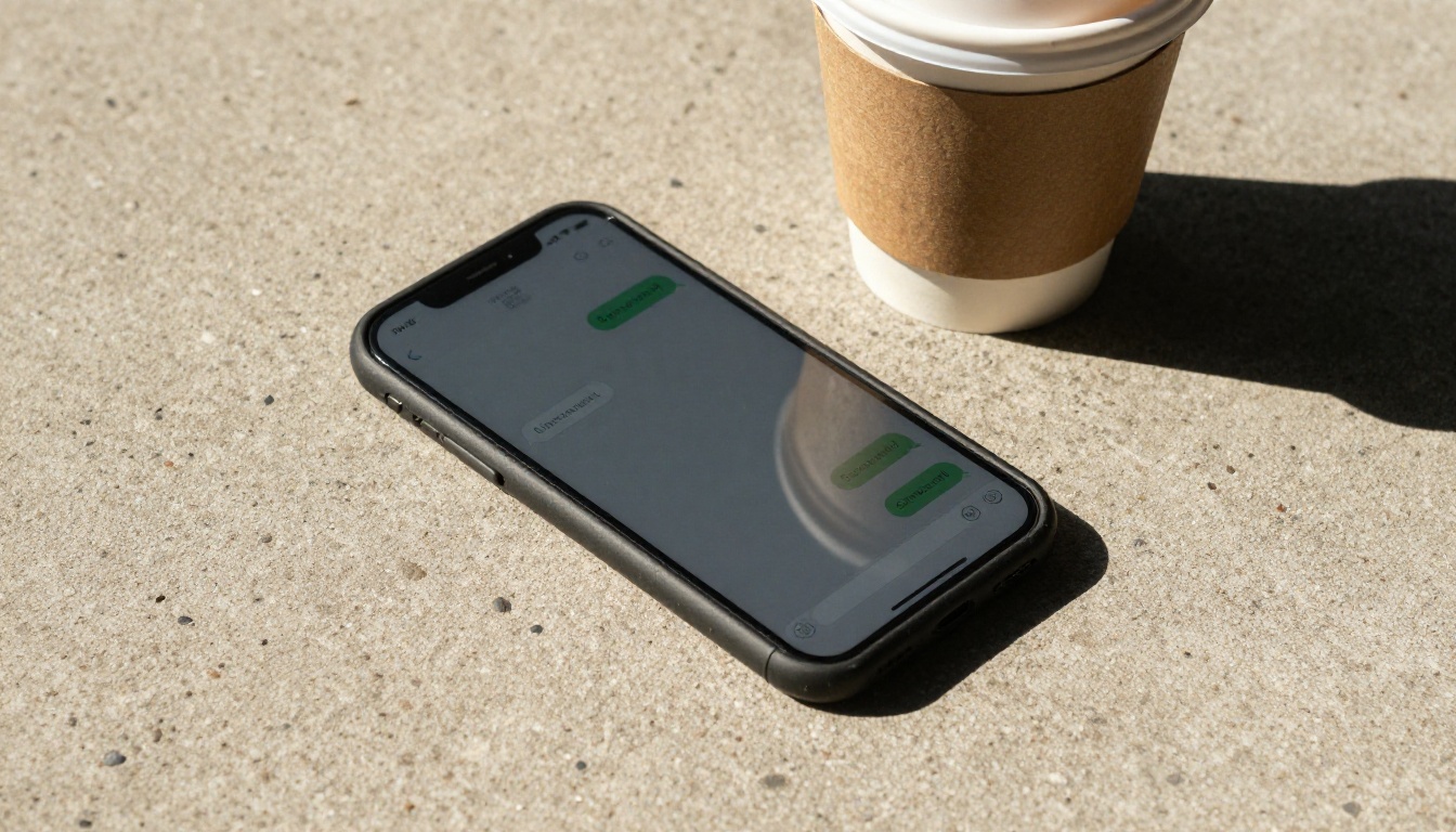 Smartphone flat on concrete surface showing dark chat interface, takeaway coffee slightly blurred behind, harsh afternoon light casting strong shadows Smartphone flat on concrete surface showing dark chat interface, takeaway coffee slightly blurred behind, harsh afternoon light casting strong shadows