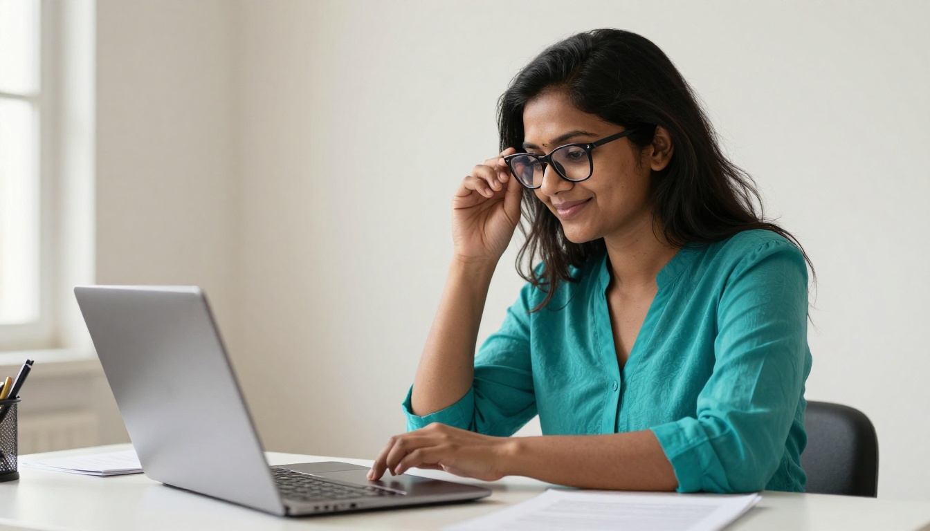 South Asian woman with dark-framed glasses smiling at laptop screen, bright natural window light from the left, tidy white desk South Asian woman with dark-framed glasses smiling at laptop screen, bright natural window light from the left, tidy white desk