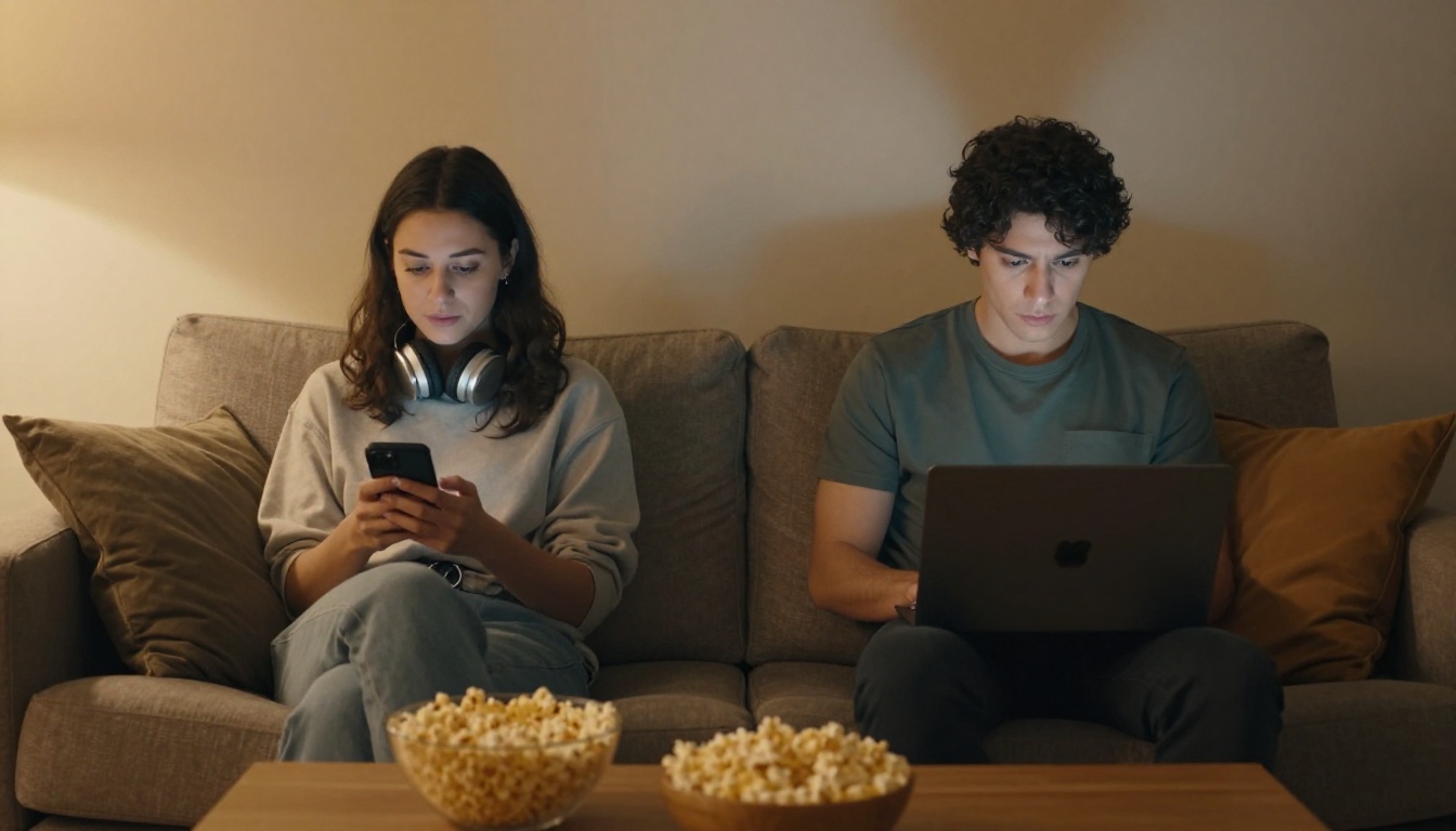 Two friends on a couch, each using their own device, warm floor lamp light between them, casual relaxed evening atmosphere Two friends on a couch, each using their own device, warm floor lamp light between them, casual relaxed evening atmosphere