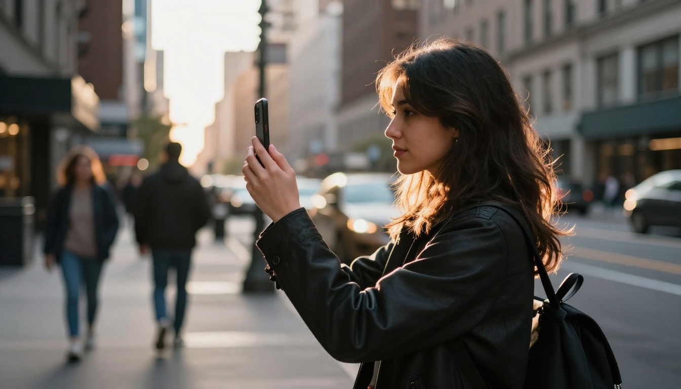 Confident woman filming TikTok on a busy city sidewalk