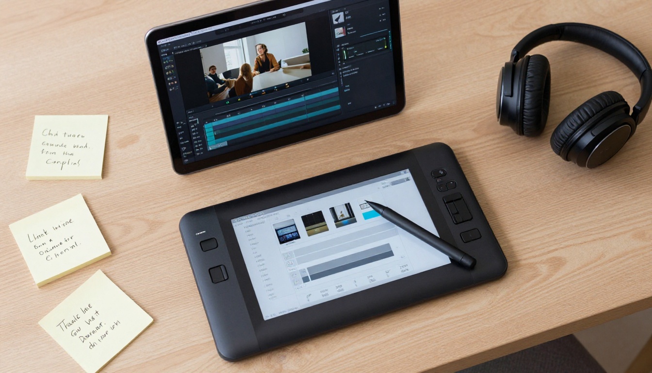 Creative workspace with video editing software and tools