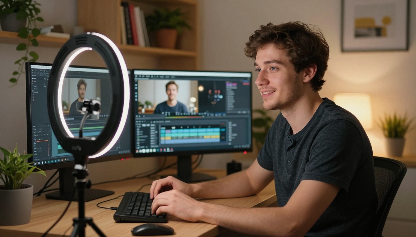 Home studio setup with ring light and dual monitors