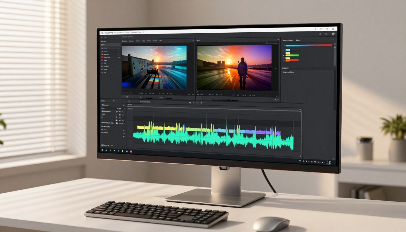 Video editing timeline on curved monitor